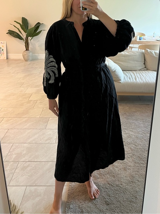 Dresses & Skirts - H&M A line Black Linen Button-Front Tie-Waist Dress with Embroidery